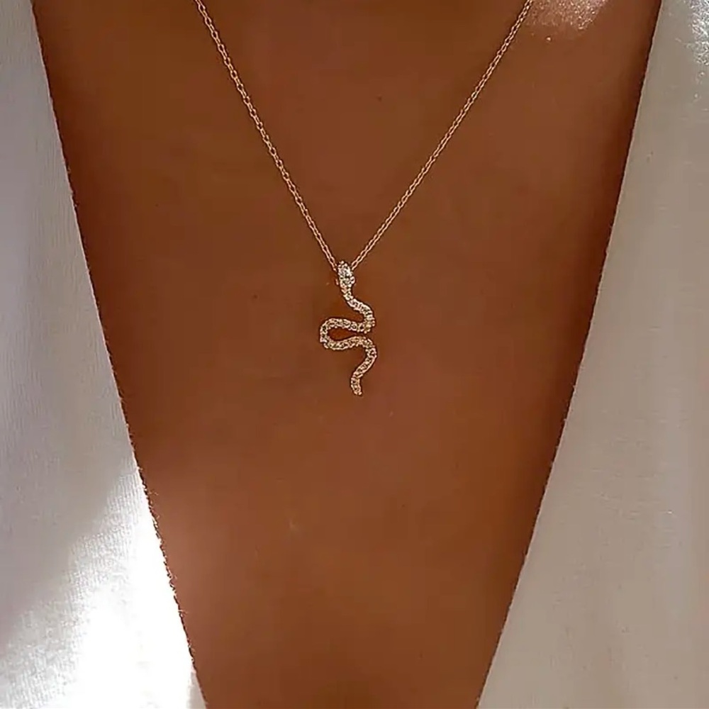 Gold Snake Necklace, Cubic Zirconia Snake Necklace - Picture 2 of 6